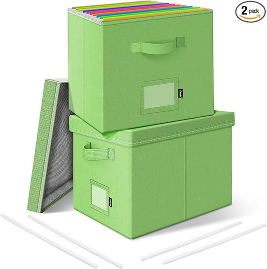 File Organizer Boxes with Lid, Linen Hanging File Storage Boxes with Handle, Collapsible Document Filling Boxes for Letter/Legal Folder, Portable File Box for Office/Decor/Home (2 Pack, Green)