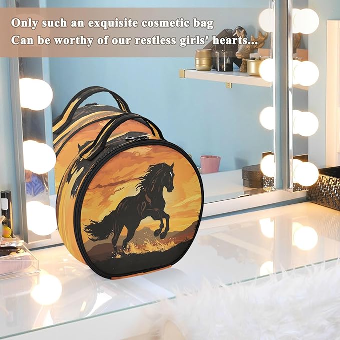 senya Round Cosmetic Pouch Travel Makeup Train Case Horse Makeup Organizer Bag with Adjustable Dividers Portable for Cosmetics Makeup Brushes Toiletry Jewelry Accessories