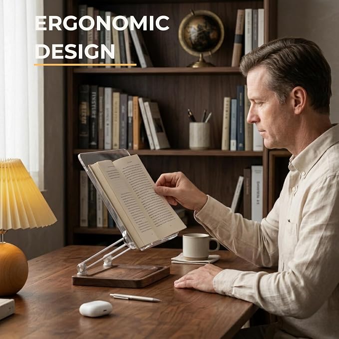muso wood Acrylic Book Stand for Reading, Adjustable Book Holder with Walnut Storage and Elastic Clips, Desktop Riser Stand for Cookbook, Magazine, Tablet, Laptop