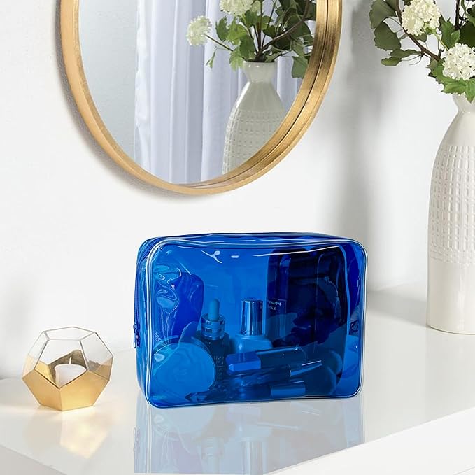 Waterproof PVC Makeup Bag - Leakproof Cosmetic Organizer for Travel Toiletry Storage 9.84×7.09×2.36 Inch for Women & Men (Blue)