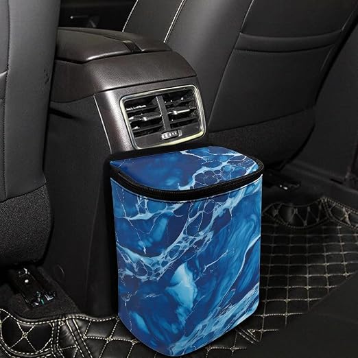 Car Trash Bag with Lid - Collapsible, Waterproof Car Organizer and Storage Accessory for Women, Dark Blue Marble Print