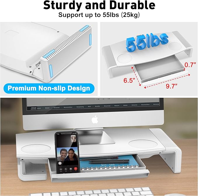 AboveTEK Monitor Stand Riser, Foldable Computer Monitor Riser with Drawer, Height Adjustable Computer Monitor Stands and Risers, Phone Stand for PC, Desktop, Laptop, Printer Save Space (White)