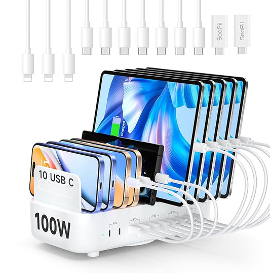 SooPii 100W 10-Port USB Charging Station, 10 USB-C PD Fast Charging Compatible with Phone,lPad,Galaxy, and Other Electronics, 10 Mixed Charging Cables Included (White)
