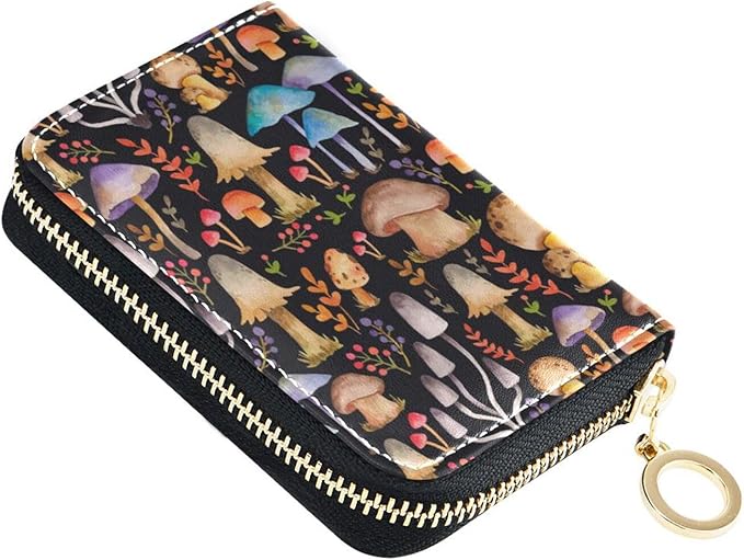 Mushroom RFID Credit Card Holder Wallets Accordion for Women Leather Zipper Card Case Accordion Wallet for Ladies Girls