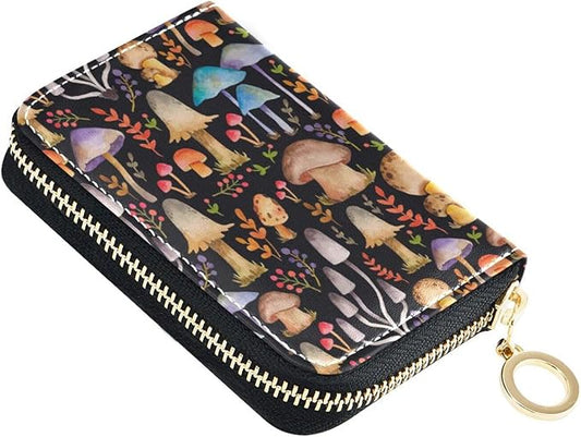 Mushroom RFID Credit Card Holder Wallets Accordion for Women Leather Zipper Card Case Accordion Wallet for Ladies Girls