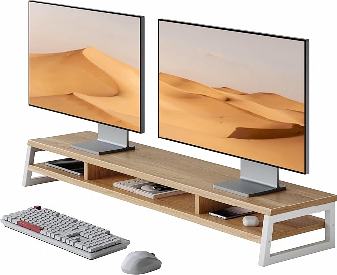 Fenge Dual Monitor Stand for Desk, 42.5in Large Monitor Riser for 2 Monitors, 2 Tier Computer Office Desk Top Shelf, Desktop Storage Stand for Laptop, PC, Computer, Printer