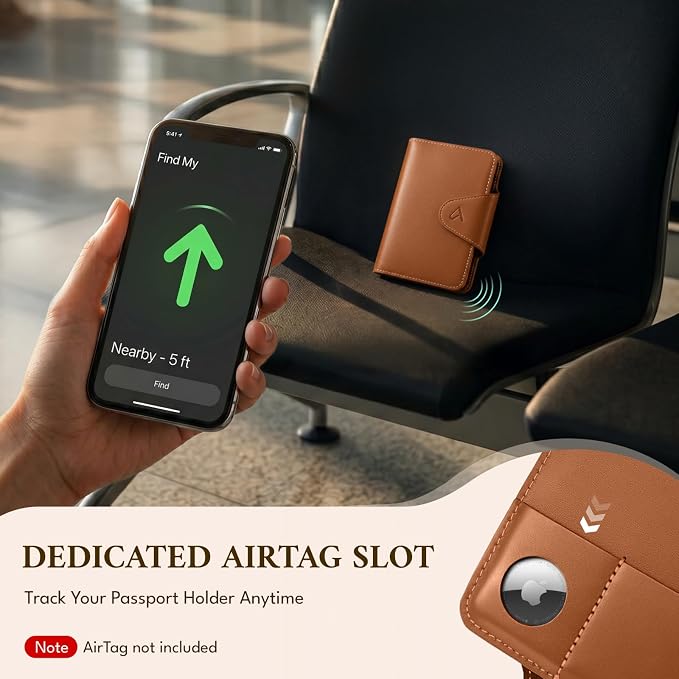 ALLIVE RFID Blocking Passport Holder for Travel Essentials, Genuine Leather Passport Wallet with Built-in AirTag Slot, Magnetic Closure Passport Cover Case for Women and Men, Travel Gifts (Caramel)