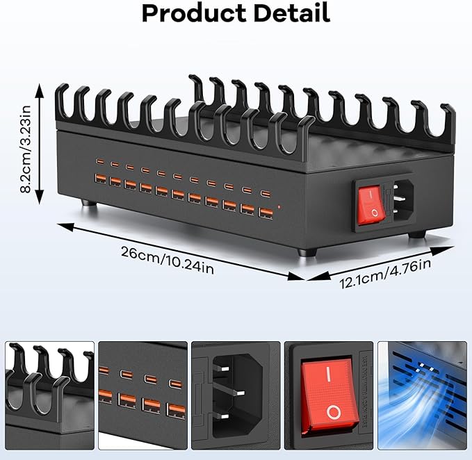 USB~C Charger Block, 300W 22 Port (11 US? A & 11 US?~C) USB Charging Station for Multiple Devices, Desktop Wall Fast Charger with Storage Dividers, US? Power Strip Suitable for Home Office School