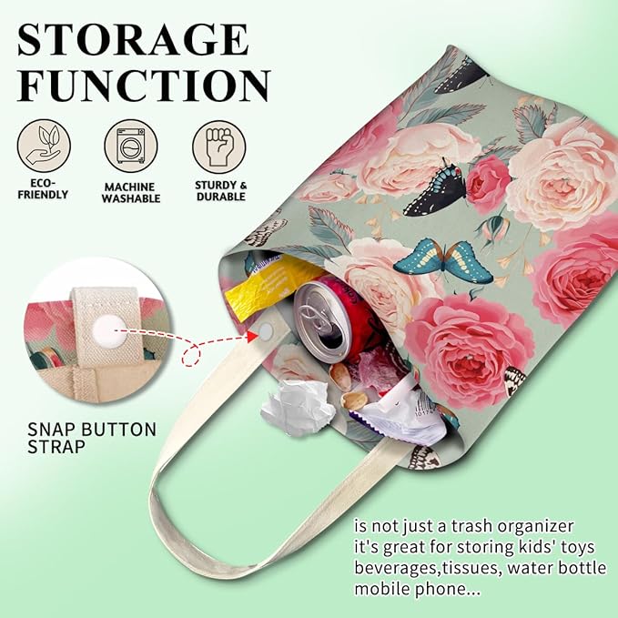 Car Trash Can, Cute Car Trash Bag, Hanging Car Organizer and Storage Bag, Trash Bin for Car Accessories, Vehicle, Travelling, Camping Cute Flower and Butterfly
