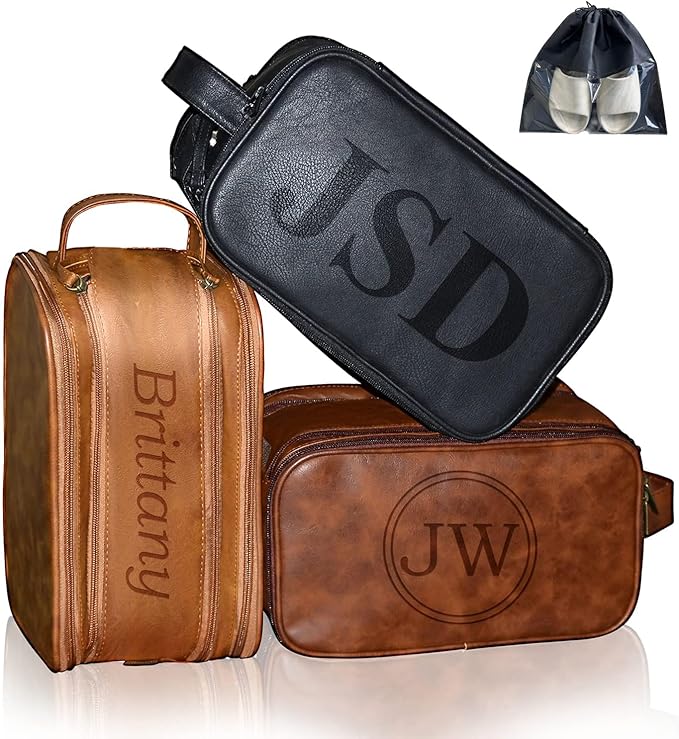 Personalized Leather Toiletry Bag for Men, Large Capacity Toiletry Travel Bag, PU Leather Waterproof Shaving Bag, Travel Essentials Customized Gifts for Husband, Groomsmen, Father's Day