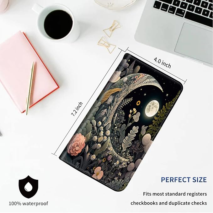 DEGDFSGR Checkbook Cover PU Leather Checkbook Covers for Women for Duplicate Checks, Check Book Covers with RFID Blocking Function for Personal Checkbook, Moon Flowers Night