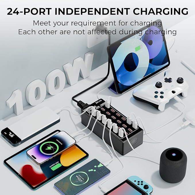 USB Charging Station, 100W/20A 24 Port Desktop Multiple Device Charger Station, Multi Ports Fast Phone Charging Station Organizer, Suitable for School Mall Shop Hotel