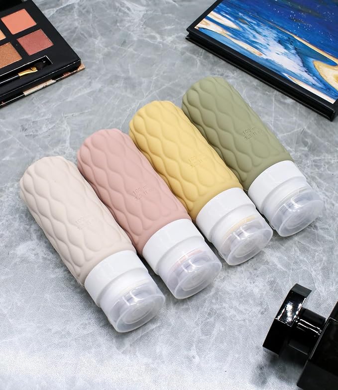 100 ml Silicone Travel Bottles for Toiletries with Labels/Clear Bag, Holiday Travel Essentials Leakproof Refillable Squeeze Travel Size Containers Set for Shampoo and Conditioner