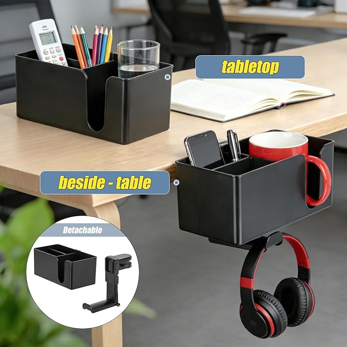 MYITYARD 4 in 1 Desk Cup Holder Clamp, Detachable Clip On Drink Holder with Rotating Headphone Hanger, Anti-Spill Desktop Organizer Pen Holder for Mug, Pen, Phone, Gaming Office Desk Accessories