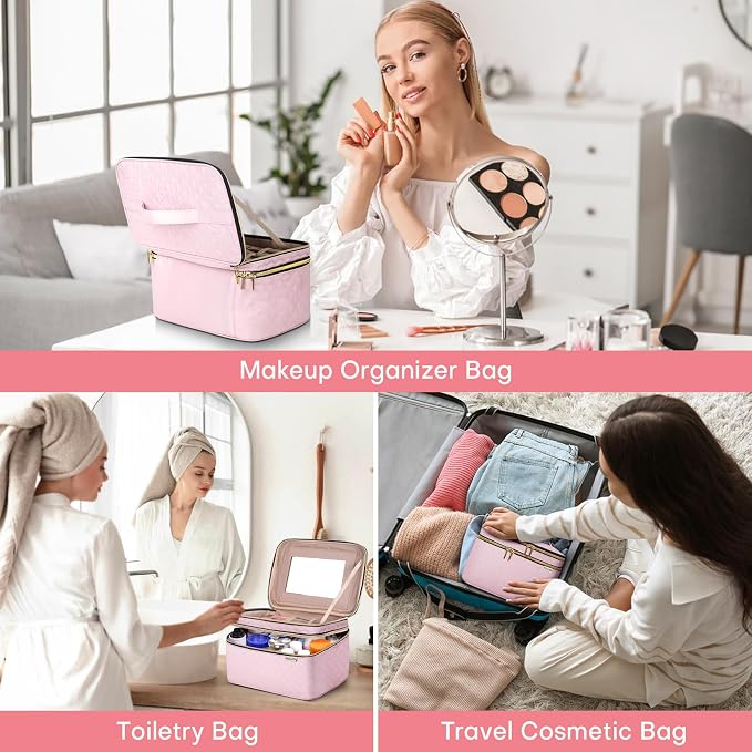 HXLGMD Double Layer Travel Makeup Bag Women, Cosmetic Organizer Case, Travel Essentials Accessories with Shoulder Strap for Bottles, Brushes, Conditioner, Skin Care Products, Pink