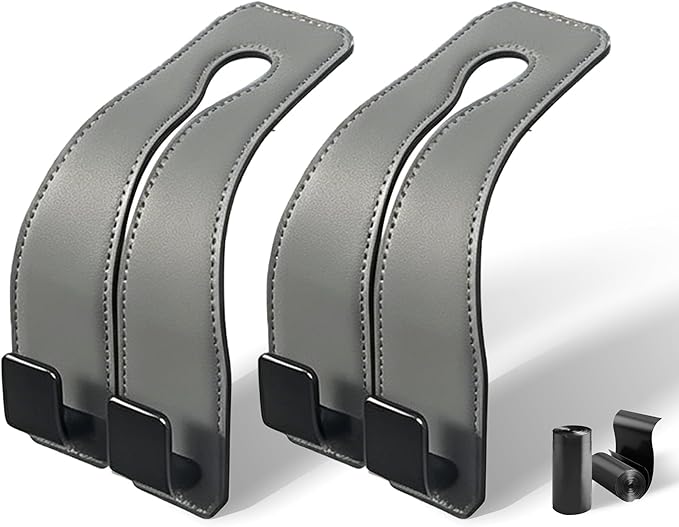 vidonio 2 Pack Double Car Seat Hooks for Headrest, Rotatable Purse Holder for Car, Premium Leather Car Hooks for Purses and Bags, Headrest Hooks and Storage Accessories (Grey)