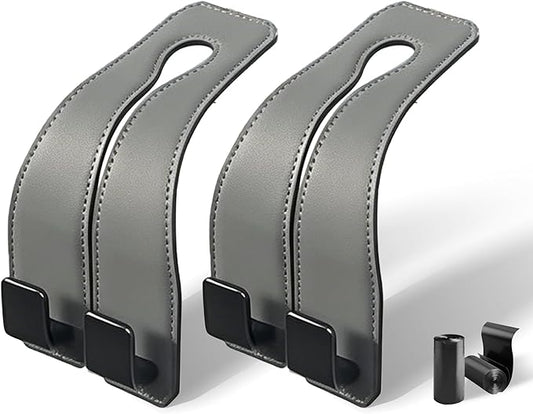 vidonio 2 Pack Double Car Seat Hooks for Headrest, Rotatable Purse Holder for Car, Premium Leather Car Hooks for Purses and Bags, Headrest Hooks and Storage Accessories (Grey)