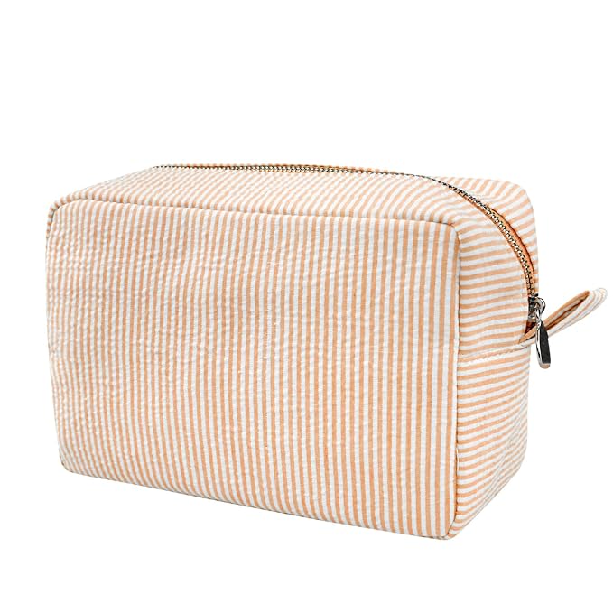 GFU Cosmetic Bags for Women, Seersucker Cosmetic Bag, Travel Toiletry Stripe Makeup Bag, Large Women Aesthetic Organizer Storage Pouch, Girls Handbags Purses, Orange