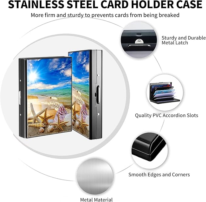 FUYOCWE RFID Credit Card Holder,Small Metal Credit Card Case Wallet,Slim Mini Business Card Holder Organizer Hard ID Case Security wallet for Men Women -Beautiful Beach Seashells