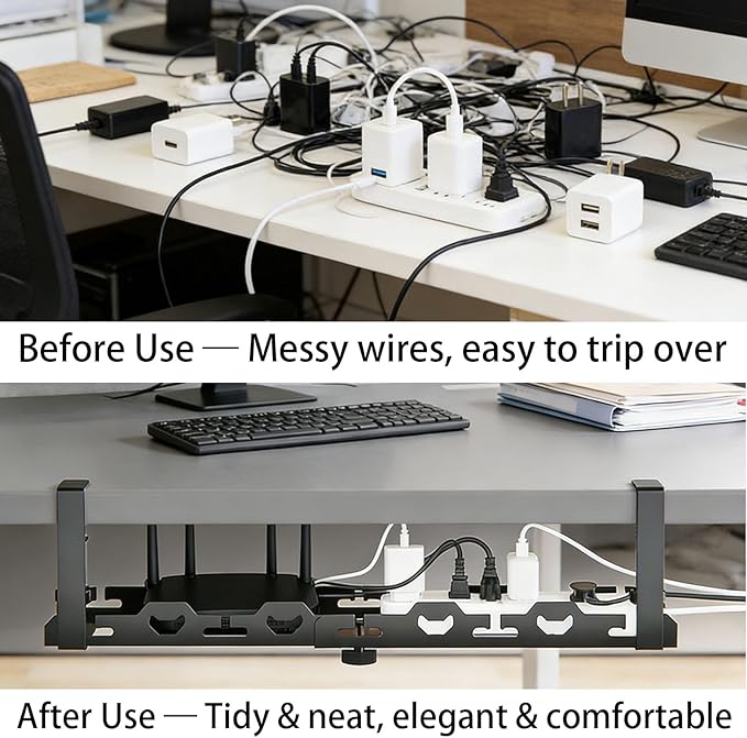 No Drill Under Desk Cable Management Tray System-Extendable15 to 30 "Heavy-Duty Metal Desk Cable Organizer with Clamp Cord Management Holder for Standing Desk & Home Office Black