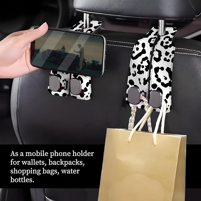 Car Seat Headrest Hook, Universal Leather Cute Hanger Holder Hook, Storage Organizer Interior Accessories for Purse Bags Handbag White Black Leopard