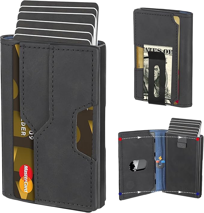 Mens slim Wallet，with RFID Shielding, Holds 9 Cards Easily, metal wallet， card wallet for Men, Minimalist Wallet For Men, Made of aluminum and Pu Synthetic Leather, Includes Cash clip (Black)
