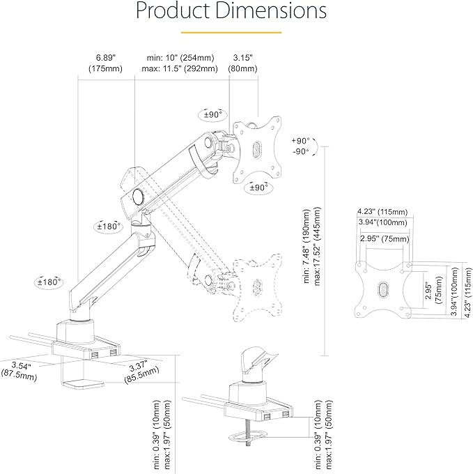 StarTech.com Desk Mount Monitor w/with 2X USB 3.0 Ports for VESA Display up to 34" (17.6lb/8kg), C-Clamp/Grommet, Mechanical Spring