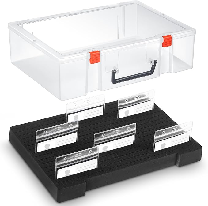 Chunful 1 Pc Name Tag Holder with Case, Foam Name Badge Storage Tray Holds 48 Badges ID Badge Tray Organizer for Desk Classroom Office School, 14 x 10.6 x 4 in (Clear)