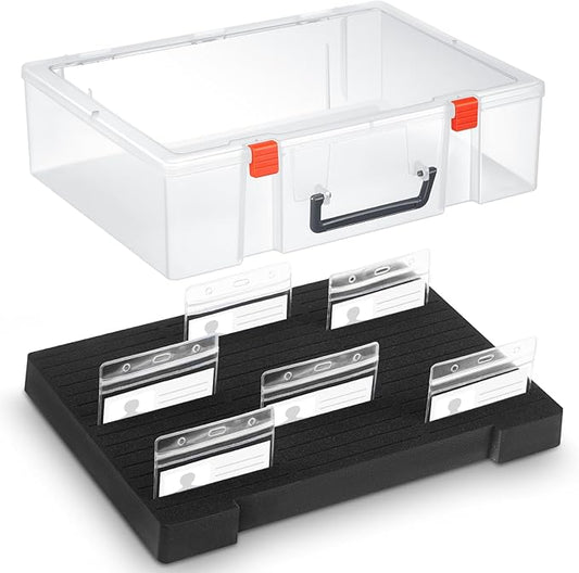 Chunful 1 Pc Name Tag Holder with Case, Foam Name Badge Storage Tray Holds 48 Badges ID Badge Tray Organizer for Desk Classroom Office School, 14 x 10.6 x 4 in (Clear)