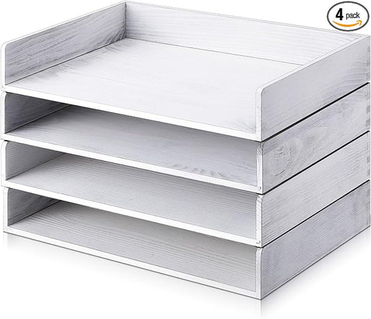 Yeaqee 4 Pcs Stackable Paper Organizer Tray Wood Desk Organizer Letter Tray Paper Holder Desktop Letter Size Office Wooden Desk Shelf Folder Organization Rack for Mail File Document (Vintage White)