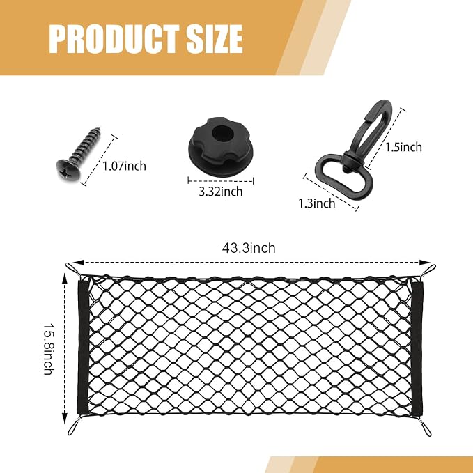 Car Cargo Net, Heavy Duty Elastic Trunk Organizer Net with Hooks 43.31" x 15.75" Double Layer, Universal for SUV Van Sedan (Black)