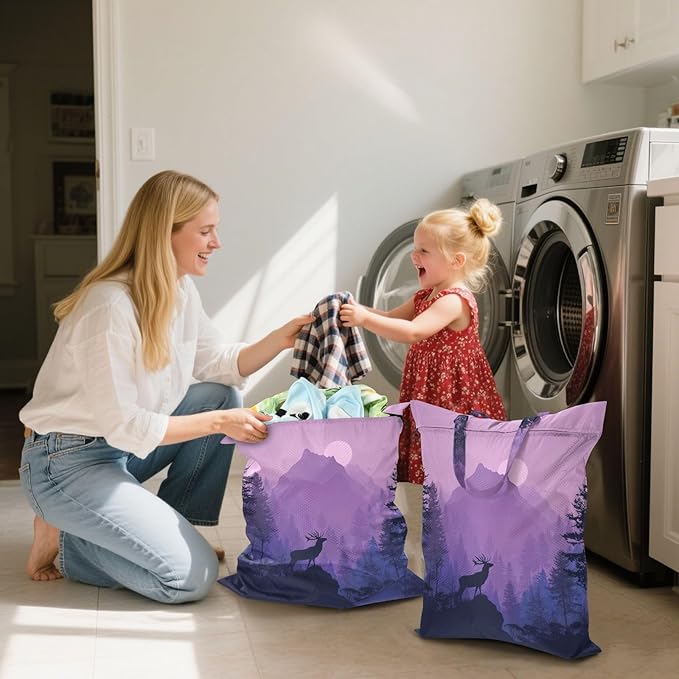 Travel Laundry Bags 2 PC Wet Dry Bag with Handle Dirty Clothes Organizer for Swimsuits Beach Camping Waterproof Washable Purple Stag Mountains Moon and Trees