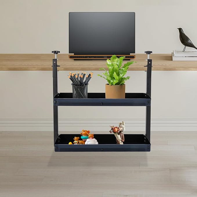Clamp-on Desk Extension Shelf, 2 Tier Shelving Unit Above Desk, Carbon Steel 22lbs Strong Capacity Desk Organizer, Desktop Organizer Display Rack Storage Tray Desk Shelf, 17.32*15.47*6.in (black)