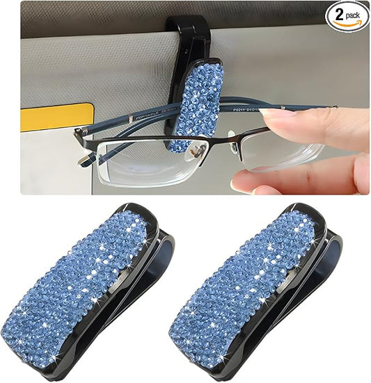 Wevdn 2 PCS Car Sun Visor Glasses Holder, Fashion Bling Car Eyeglasses Sunglasses Hanger for Women Girls, Glasses Holder Clip Hanger Mount with Ticket Card Clip, Car Accessories (Light Blue)