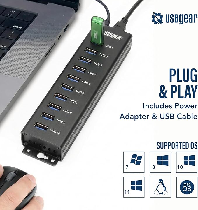 USBGear 10-Port USB Hub 3.2 Gen 1 ??Mountable SuperSpeed Data Hub with USB Ports for Laptop, PC, Desktop, and More, 5V/4A Power Adapter with Type-A to Type-B Cable (3ft), Computer Accessories
