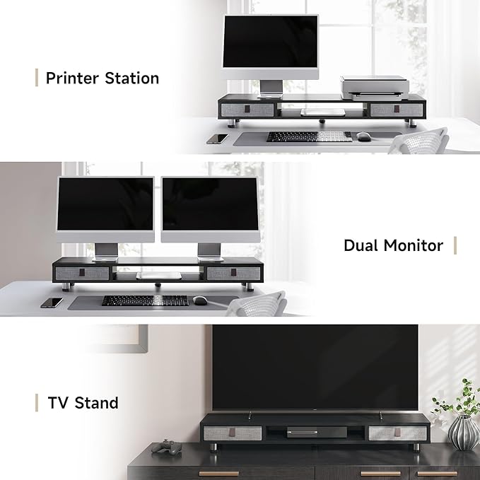 Fenge Monitor Stand, Dual Monitor Stand with 2 Drawers, Monitor Riser for 2 Monitors, Adjustable Height Computer Stand, Office Monitor Stands for Desk, Laptop, PC, TV, Printer