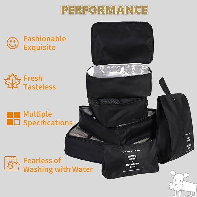 7 Set Packing Cubes for Travel,Suitcase Organizer Bags for Luggage with Shoe Bag, Vacation Travel Essentials & Accessories for Cruise Ship, Airplane Must-Have,Road Trip & Camp Gifts(Black)