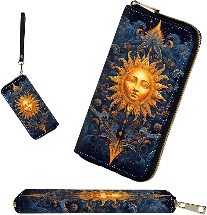 RFID-Blocking Zip Around Wallets for Women with Detachable Wrist Strap,Large Capacity Phone Holder with Card Organizer & Coin Pocket,Vintage Sun Face