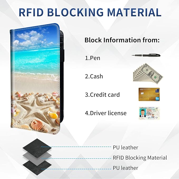 DEGDFSGR Checkbook Cover - Premium Leather Standard Duplicate Register Check Card Book Holder Wallet with RFID Blocking Function for Men and Women, Blue Sky Beach
