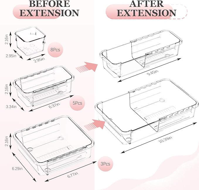 DILIBRA 16 Pcs Clear Extendable Drawer Organizer, Adjustable Drawer Storage 3-Size Desk Drawer Organizer, Plastic Non-Slip Storage Bins for Makeup, Cosmetic, Jewelries, Utensils, Stationery, Dressers