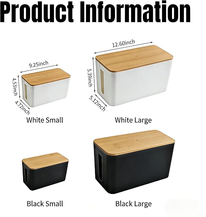 1 Large + 1 Small Cable Management Box Set – 2-Piece Cord Organizer Box, Home Office Desk Wire Storage & Cable Management Solution (Bamboo Lid/White)