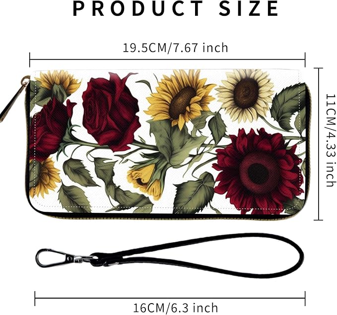 Wallet,Leather Long Wallet Suitable For Ladies And Teenagers - Detachable Wristband + RFID Travel Wallet With Card Slot - Roses Sunflower