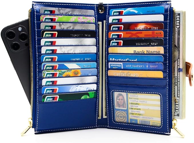 ANDOILT Women's Genuine Leather Wallet RFID Blocking Credit Card Holder Zipper Purse Cell Phone Handbag