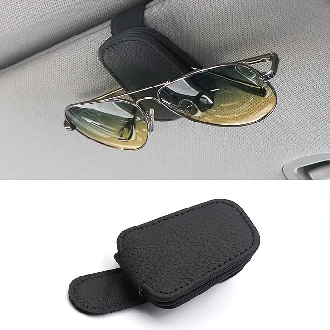 Sunglasses Holder for Car, Magnetic Leather Sunglasses Clip for Car Visor, Eyeglass Hanger Clip for Car Sun Visor (A Black)