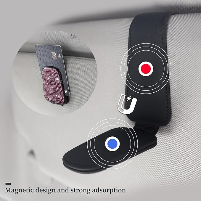 Yuchew Bling Sunglass Holder for Car Visor Magnetic Leather Sunglasses Visor Clip, Eyeglass Hanger Ticket Card Clip