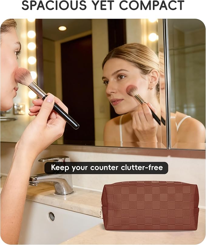 Checkered Makeup Bag for Purse - Cute PU Leather Travel Cosmetic Pouch for Women, Portable Flat Toiletry Organizer with Gold Zipper(brown)