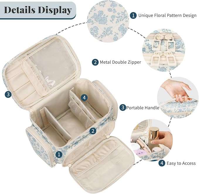 Makeup Bag Set, Travel Makeup Bag Organizer for Women Cute Floral Cosmetic Pouch Large Capacity with Makeup Brush Compartment, Cosmetic Travel Bag with Divider and Handle Toiletry Bag - Floral
