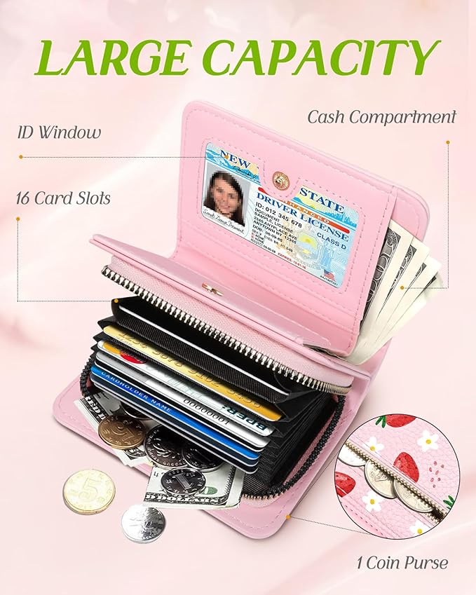 Bistup Credit Card Holder Wallet for Women Cute Leather Ladies Teen Girls Female Cardholder Wallets Accordion Purse Small Medium Aesthetic Print Strawberry Modern Design Rfid Zipper Around
