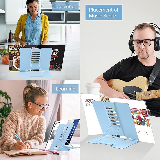 Honagu Metal Desk Book Holder, Hands Free Adjustable Cookbook & Document Holder, Portable Bookstand for Music Books, Textbooks, Recipes, Tablets & iPads (Light Blue)