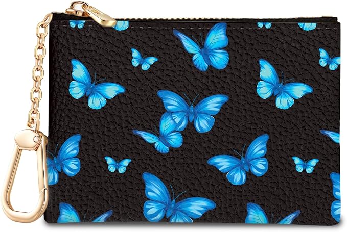 Blue Butterfly Keychain Coin Purse for Women, Small PU Leather Change Pouch, Zipper Little Tiny Travel Wallet for Girls, Cute Kawaii Zip Pocket Coin Holder with Key Ring